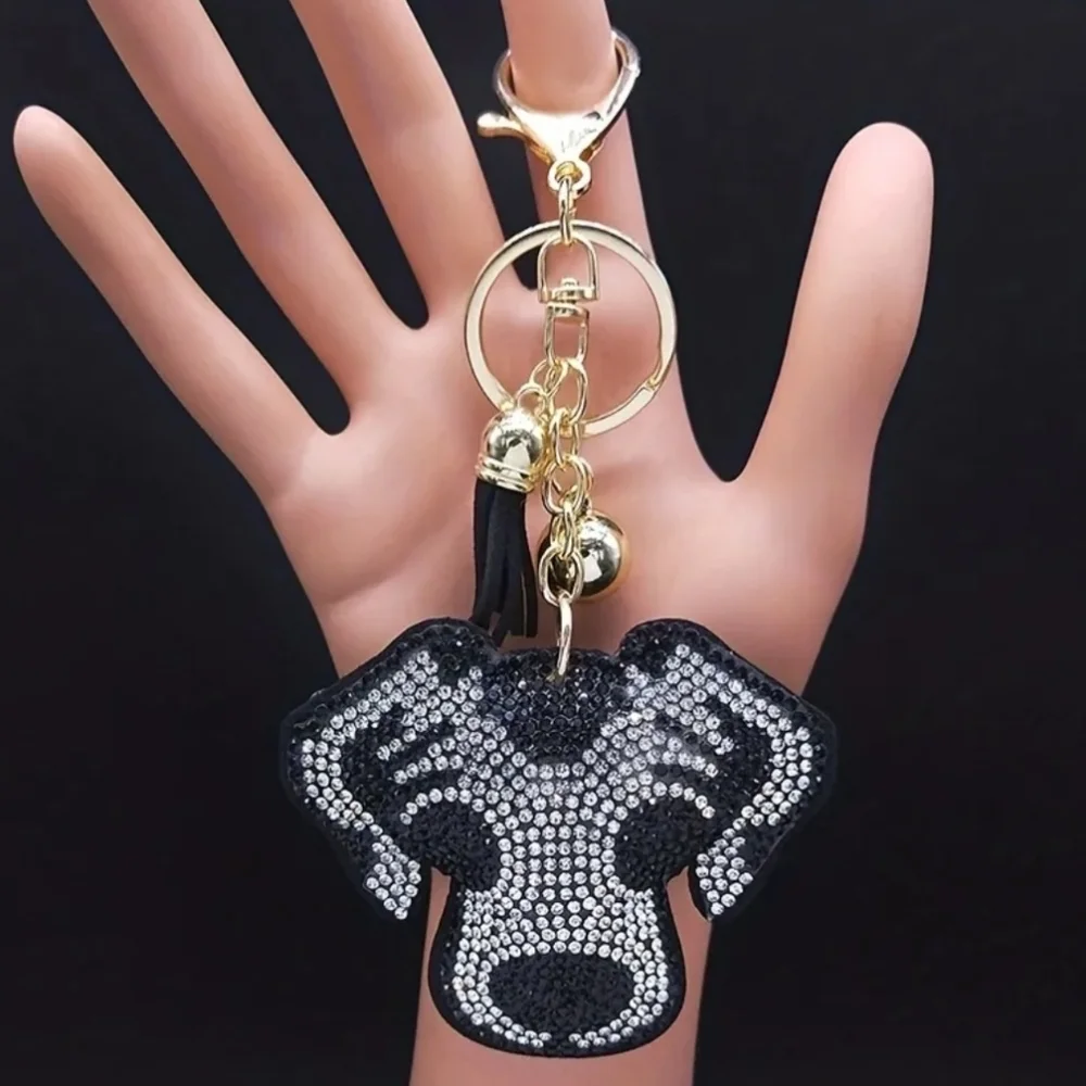 Bling Dog Crystal Rhinestone Keychain Bag Charm With Black Tassel